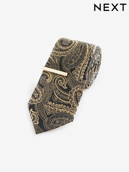 Black/Yellow Gold Paisley Slim Design Tie And Clip (E55775) | € 16