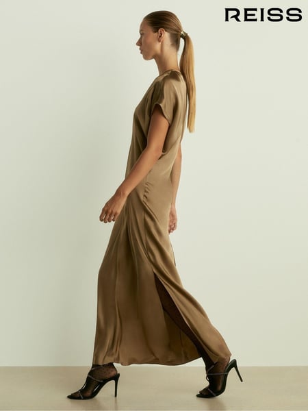 Reiss Khaki Kora Satin Short-Sleeve Midi Dress (E57275) | € 309