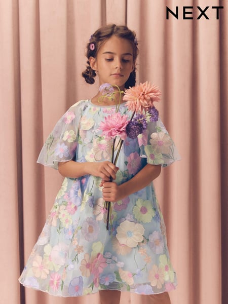 Blue 3D Flower Embroidered Angel Sleeve Occasion Dress (3-16yrs) (E57540) | € 74 - € 88