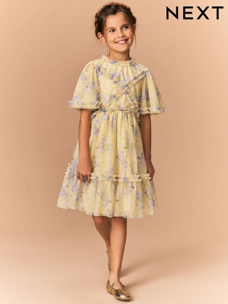 Yellow Floral Cut Out Mesh Printed Occasion Dress (3-16yrs) (E57542) | € 40 - € 48
