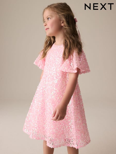 Pink Sparkle Angel Sleeve Sequin Party Dress (3-16yrs) (E57551) | € 31 - € 40