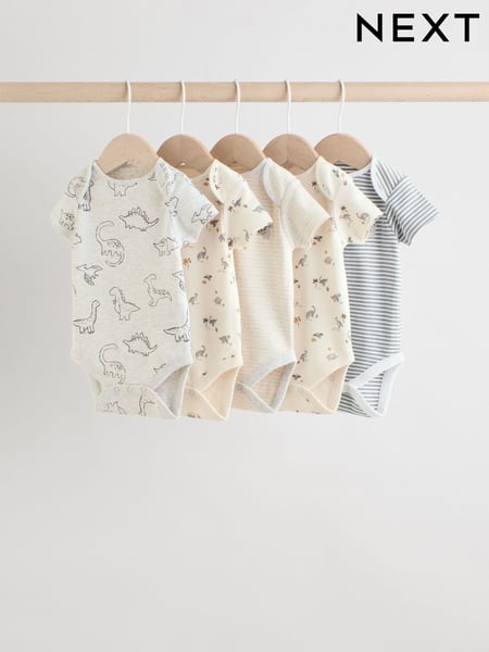 Grey Dinosaur Short Sleeve Baby Bodysuits 5 Pack (E57825) | € 26 - € 28