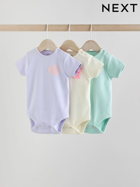 Purle/Cream Baby Slogan Short Sleeve 100% Cotton Bodysuit 3 Pack (E58052) | € 16 - € 18