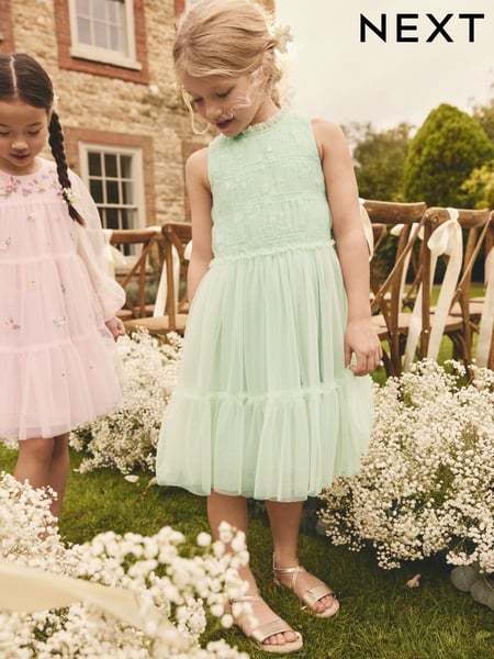 Sage Green Tiered Mesh & Lace Flower Girl Dress (3-16yrs) (E58300) | € 31 - € 40
