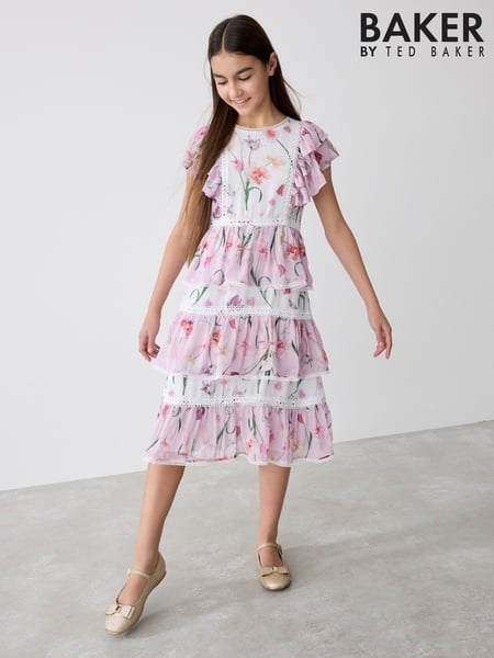 Baker by Ted Baker Pink Floral Print Tiered Midi Dress (E58924) | € 70 - € 78
