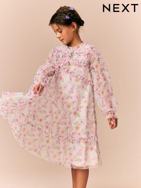 Pink Floral Long Sleeve Mesh Ruffle Occasion Dress (3-16yrs) (E59774) | € 34 - € 43