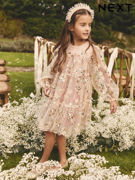 Pink/Gold Embroidered Sequin Long Sleeve Mesh Occasion Dress (4-14yrs) (E59776) | € 67 - € 75