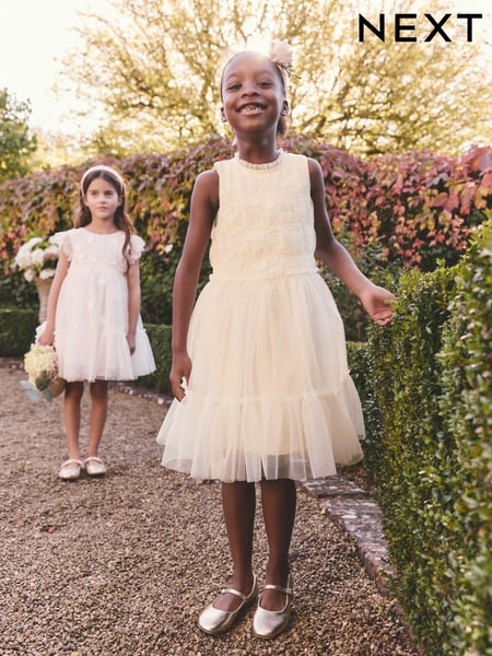Ecru White Tiered Mesh & Lace Flower Girl Dress (3-16yrs) (E59796) | € 31 - € 40