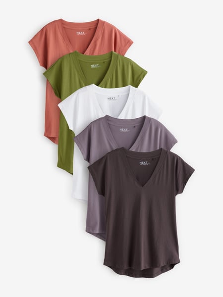 White/Grey/Khaki/Rust/Brown V-Neck Cap Sleeve 100% Cotton T-Shirts 5 Pack (E60026) | € 51