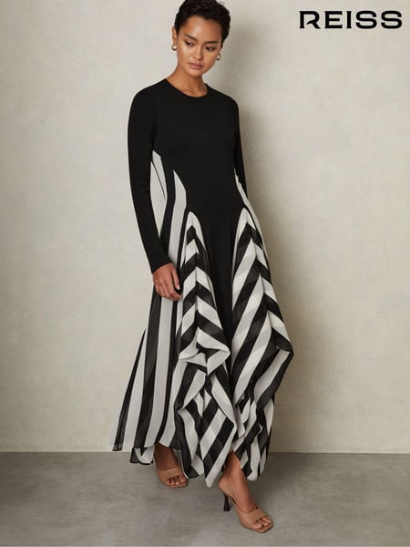 Reiss Black/White Dita Jersey Flared Hem Midi Dress (E61254) | € 387