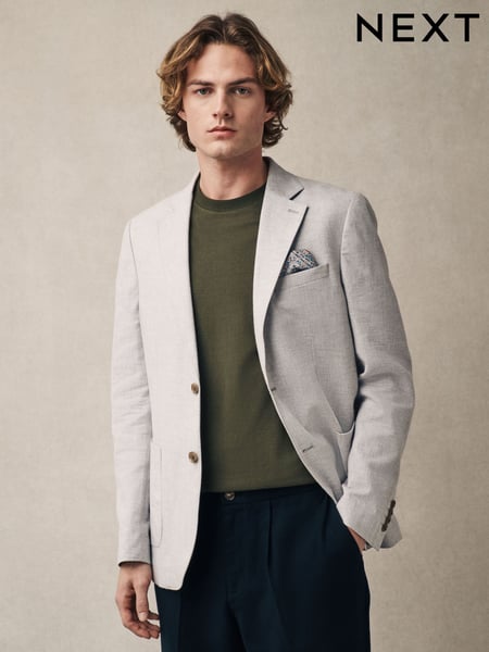 Light Grey Slim Fit Textured Linen Blend Blazer (E61768) | € 133