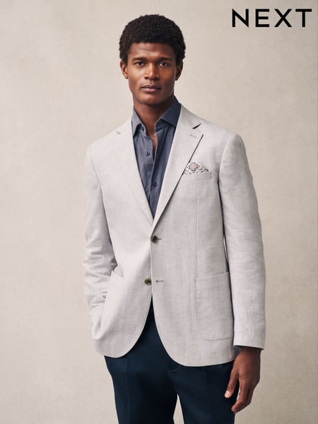 Light Grey Regular Fit Textured Linen Blend Blazer (E61801) | € 133