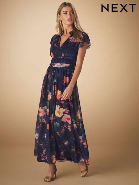 Navy Blue Floral Pleated Mesh Print V-Neck Occasion Midi Dress (E61988) | € 100