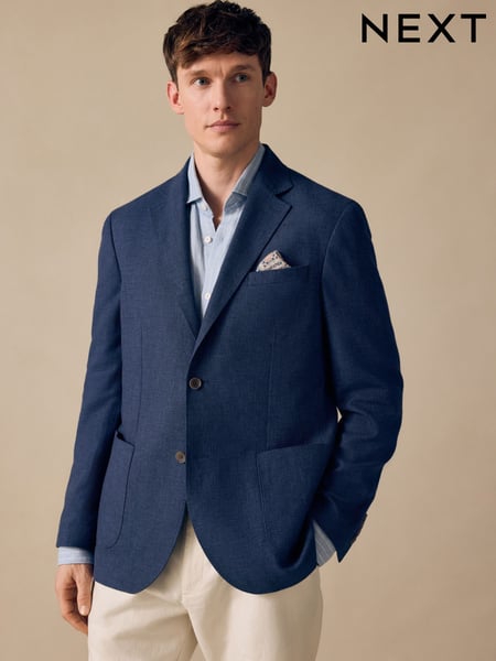 Navy Blue Regular Fit Textured Linen Blend Blazer (E62504) | € 133
