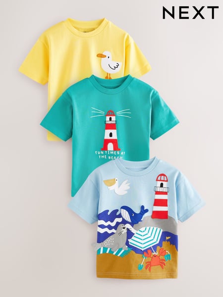 Blue/Yellow Seaside Short Sleeve Appliqué T-Shirts 3 Pack (3mths-7yrs) (E63182) | € 27 - € 33