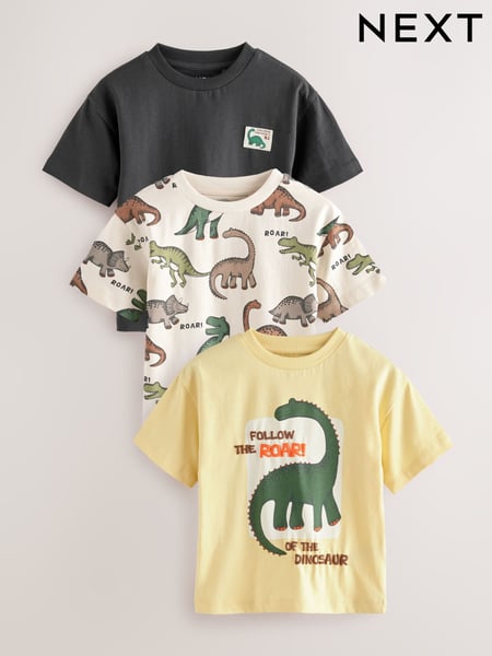 Monochrome/ Yellow Dinosaur Short Sleeve T-Shirts 3 Pack (3mths-7yrs) (E63185) | € 21 - € 27