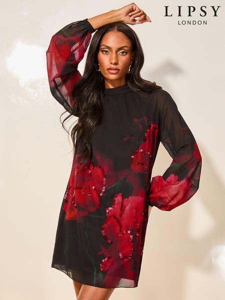 Lipsy Red Print Long Sleeve Hand Embellished Floral Mini Shift Dress (E63562) | € 55