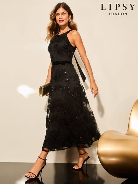 Lipsy Black Premium Sequin Applique Halter Prom Midi Dress (E63594) | € 132
