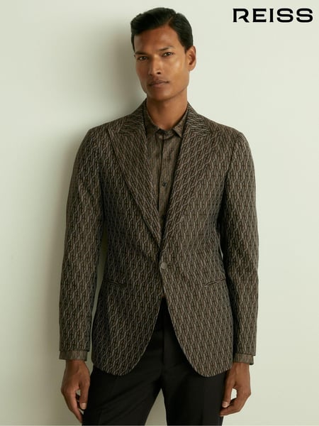 Reiss Chocolate Brown Delt Monogram-Jacquard Twill Blazer (E63741) | € 465
