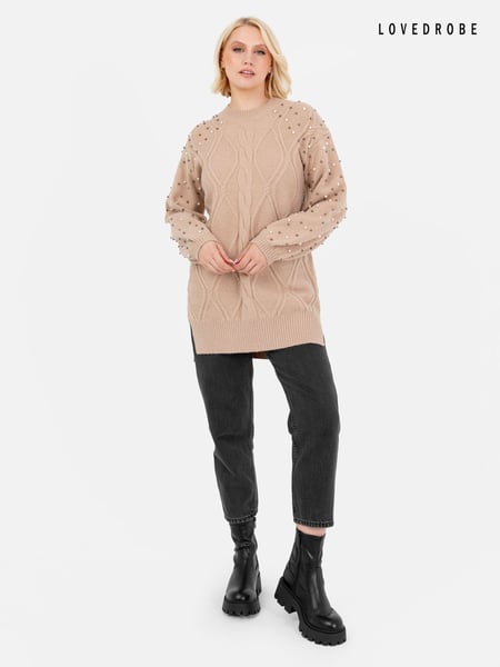 Lovedrobe Pearl Embellished Long Length Cable Knit Jumper (E64069) | € 38