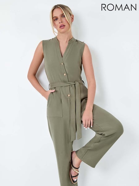 Roman Green Button Detail Pocket Jumpsuit (E64252) | € 38