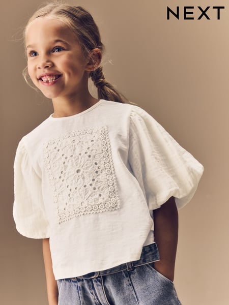 Ecru 100% Cotton Puff Sleeve Crochet T-Shirt (3-16yrs) (E64972) | € 20 - € 27