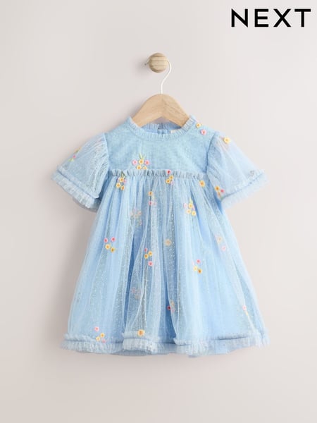 Blue Embroidered Flower Mesh Baby Dress (0mths-2yrs) (E65156) | € 26 - € 28