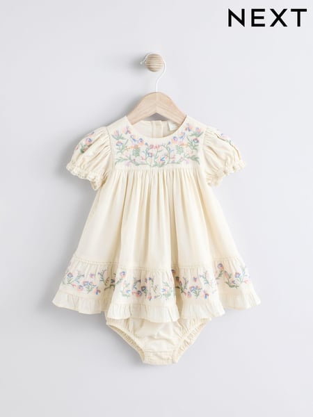 Cream Floral Embroidered Baby 100% Cotton Dress (0mths-2yrs) (E65162) | € 33 - € 35