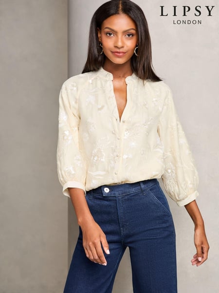 Lipsy Cream Embroidered V Neck Blouse (E66378) | € 36