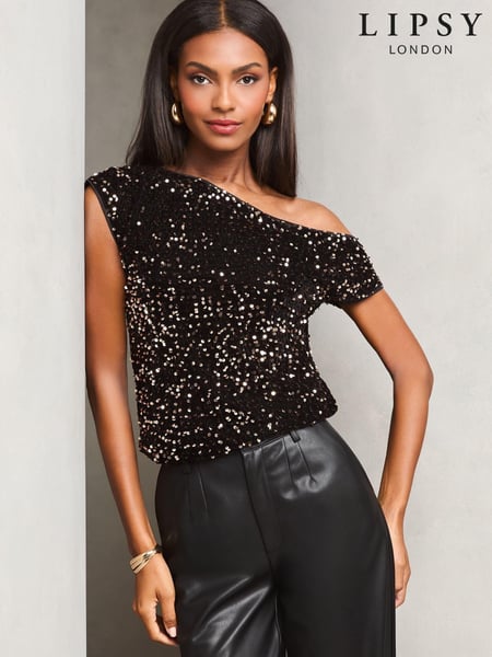 Lipsy Black Velvet Sequin Slash Neck T-Shirt (E66391) | € 27