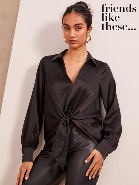 Friends Like These Black Tie Front Satin Long Sleeve Blouse (E66865) | € 27