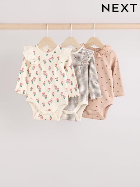 Cream/ Tan/ Grey Flower Print Baby Long Sleeve Frill Bodies 3 Pack (E67025) | € 23 - € 26