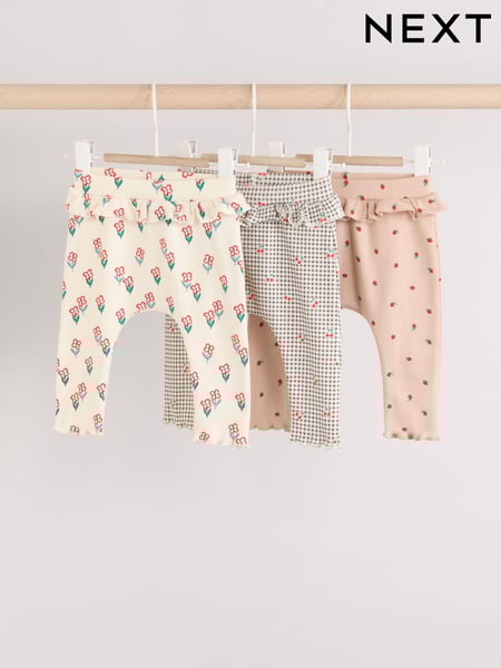 Cream/ Tan/ Grey Flower Print Baby Frill Leggings 3 Pack (E67039) | € 18 - € 21