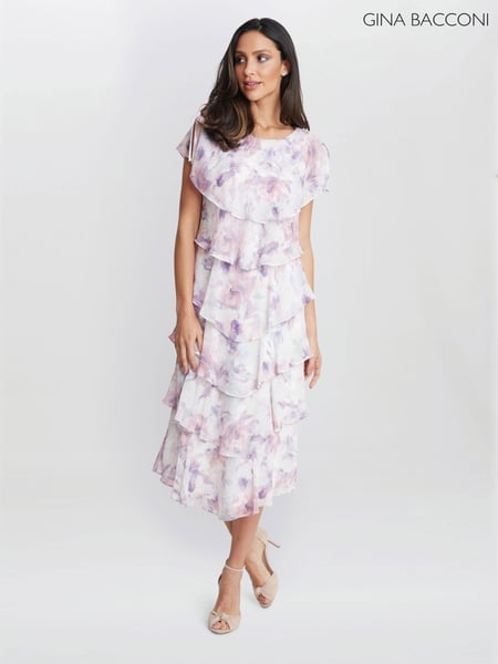 Gina Bacconi Purple Phoebe Midi Printed Tiered Dress With Shoulder Embellishment (E67177) | € 406
