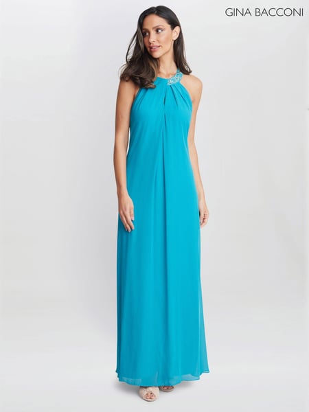 Gina Bacconi Blue Pamela Halter Neck Maxi Dress With Beaded Neckline (E67180) | € 210