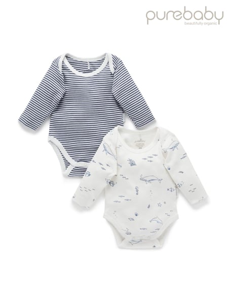 Purebaby Blue Long Sleeve Printed 100% Cotton Bodysuits 2 Pack (E67286) | € 34