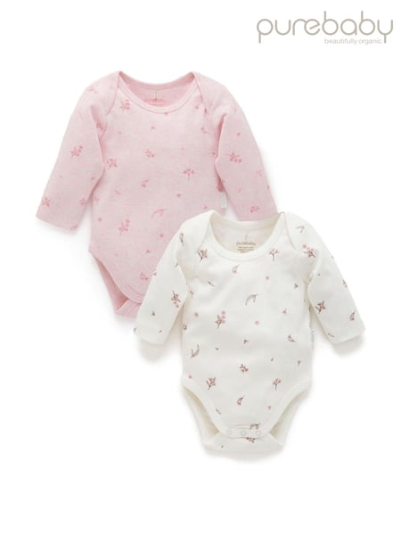 Purebaby Pink Long Sleeve Printed 100% Cotton Bodysuits 2 Pack (E67287) | € 34