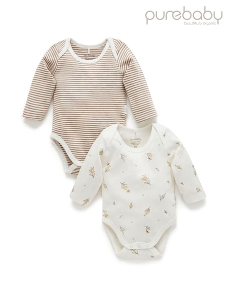 Purebaby Cream Long Sleeve Printed 100% Cotton Bodysuits 2 Pack (E68174) | € 34