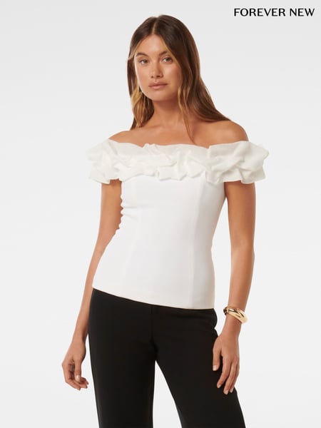 Forever New White Stephanie Ruffle Crepe Bustier Top (E69714) | € 51