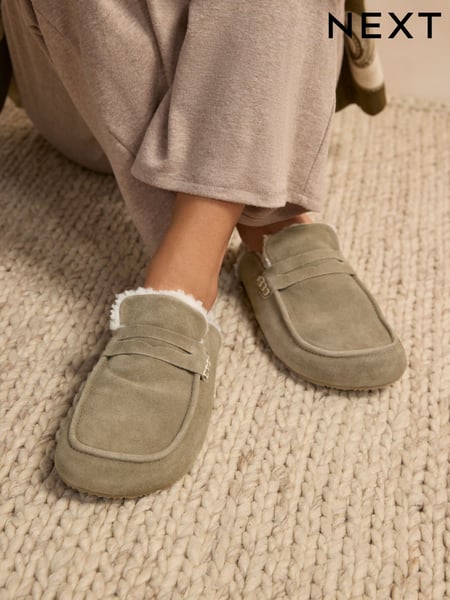 Khakigrün - Suede Loafer Mule Slippers with Borg Lining (E69997) | 47 €