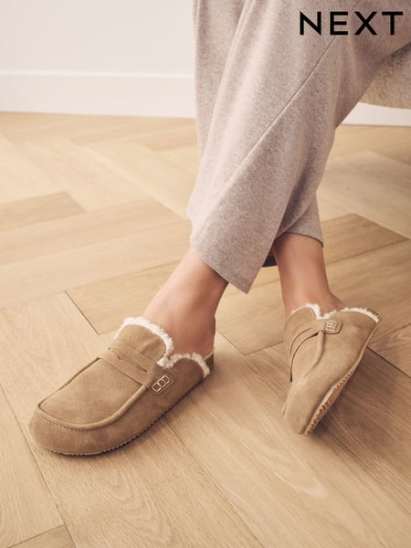 Hellbraun - Suede Loafer Mule Slippers with Borg Lining (E70001) | 47 €