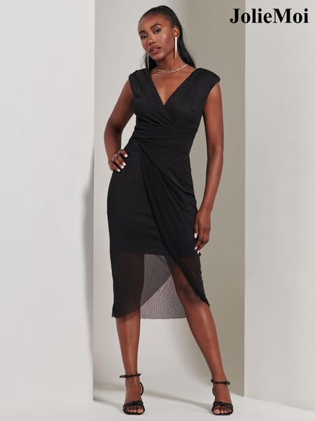Jolie Moi Black Embellished Ruched Mesh Midi Dress (E70018) | € 53