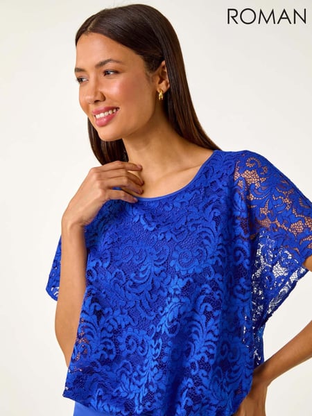 Roman Blue Lace Stretch Bubble Hem Top (E70068) | € 50