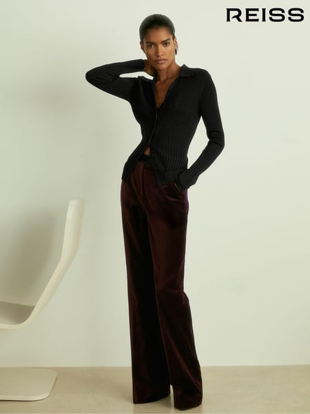 Reiss Burgundy Yasmin Cotton-Velvet Flared Trousers (E70187) | € 278