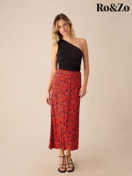 Ro&Zo Red Blurred Flroal Print Bias Cut Maxi Skirt (E71345) | € 54