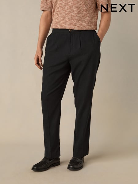 Black Regular Fit Cotton Linen Blend Elasticated Back Trousers (E71543) | € 57