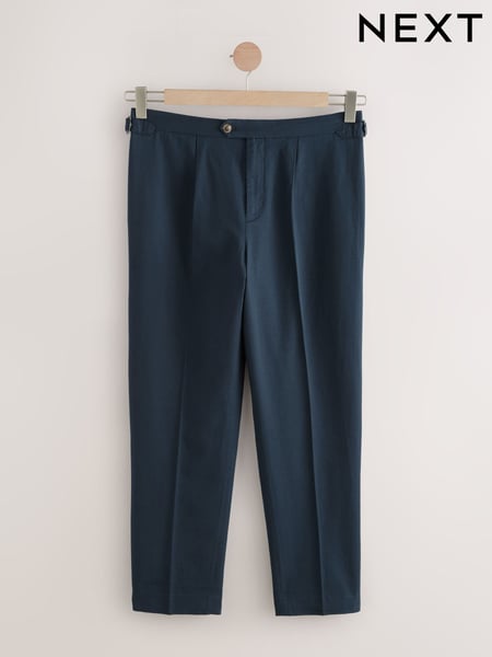 Navy Blue Regular Fit Cotton Linen Blend Trousers with Side Adjuster (E71561) | € 60