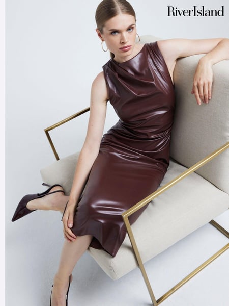River Island Brown Faux Leather Drape Midi Dress (E72888) | € 35
