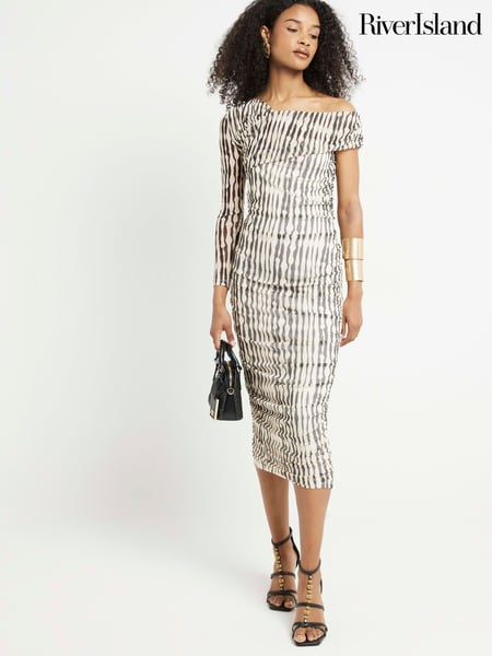 River Island Black/White Mesh Asymmetric Bodycon Black/White Midi Dress (E73717) | € 70