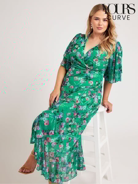 Yours Curve Green London Ruffle Wrap Mesh Dress (E74189) | € 54